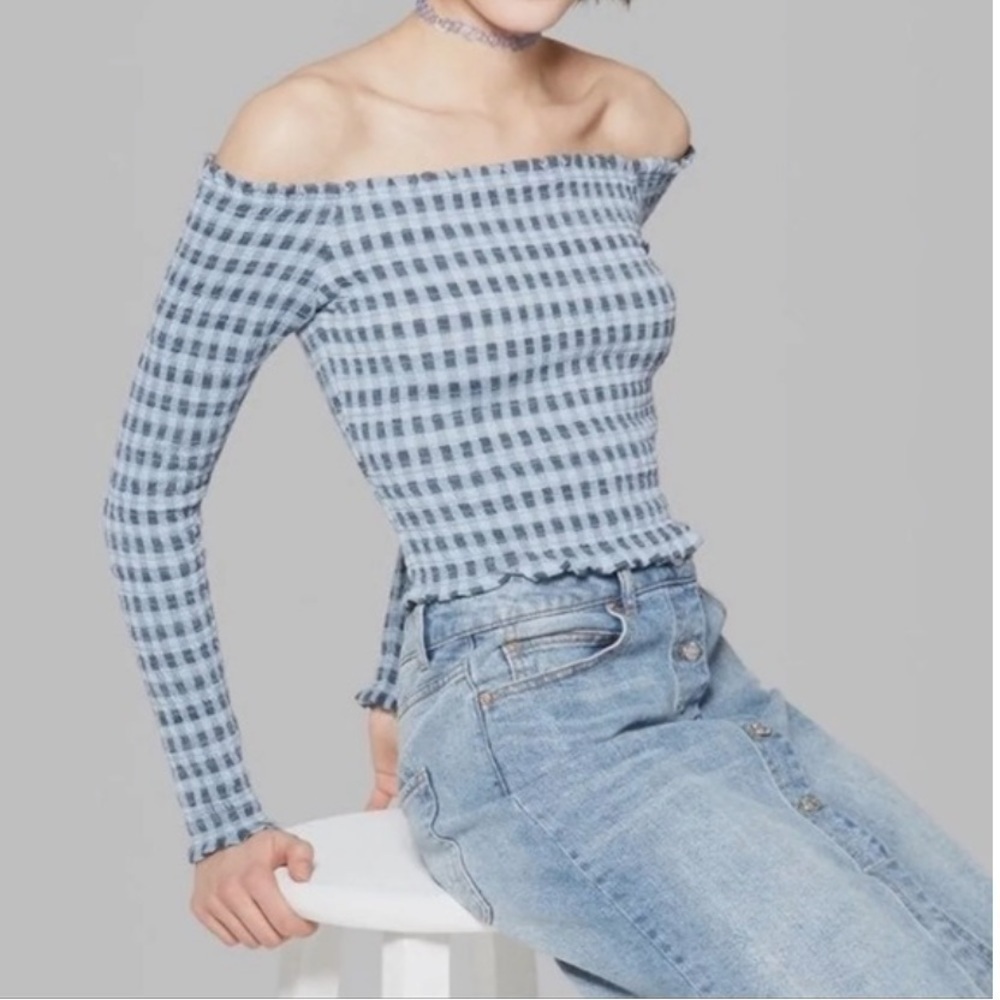 🦋 Wild Fable Blue Checkered Off the Shoulder Long Sleeve Crop Top Medium